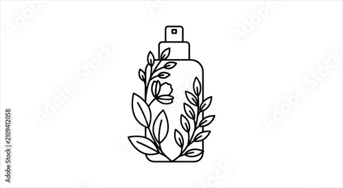 Bild auf Leinwand Minimalist illustration of a spray bottle with botanical elements