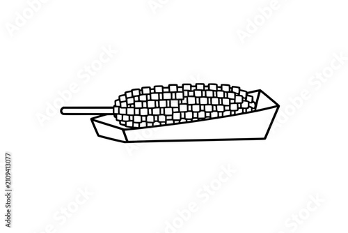 Outline vector illustration of a Korean potato corn dog served in a paper tray, minimal black contour, clean geometric design, isolated on transparent background, modern food icon style.