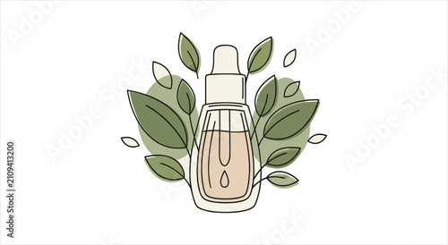 Natural cosmetic serum bottle with green leaves illustration.
