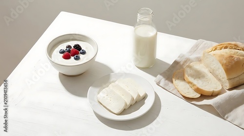 Healthy dairy breakfast with yogurt cheese milk and bread.