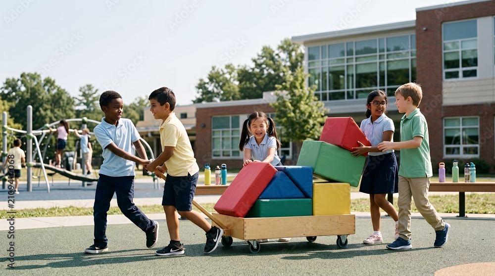 Fototapeta premium Diverse group of elementary school children playing together with blocks in a school playground.
