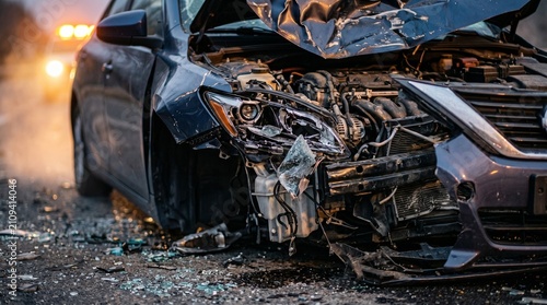 Car wreckage sits on the asphalt road surface with shattered glass and metal debris scattered everywhere.