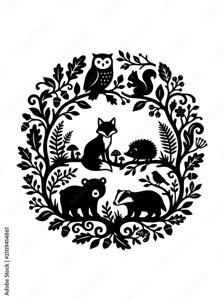 Obraz premium Woodland Animals Silhouette Wreath Folk Art Illustration