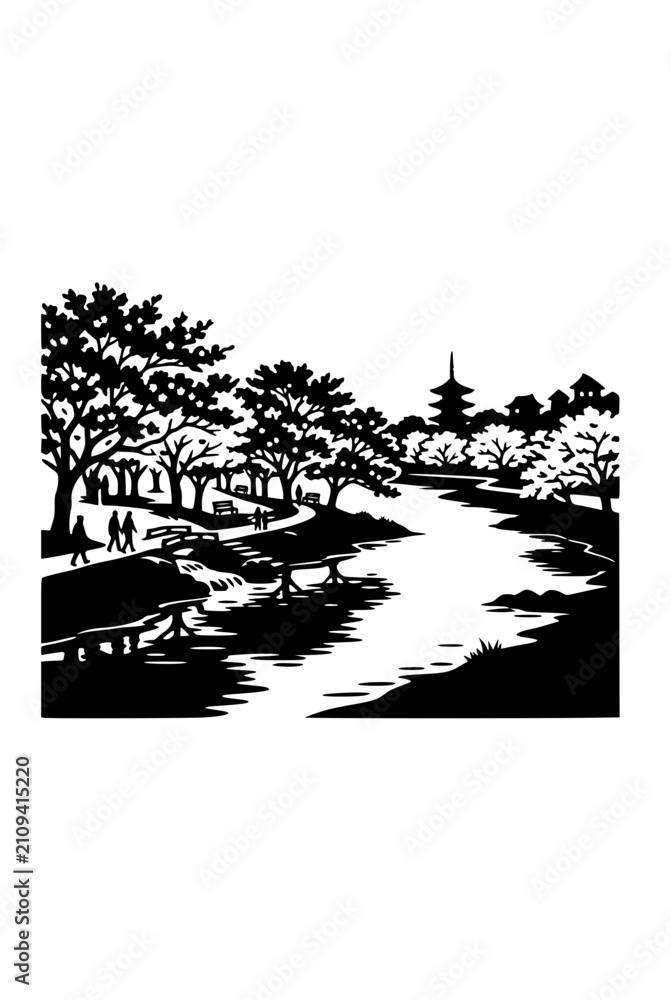 Fototapeta premium Japanese Garden Park with River and Pagoda Silhouette Art