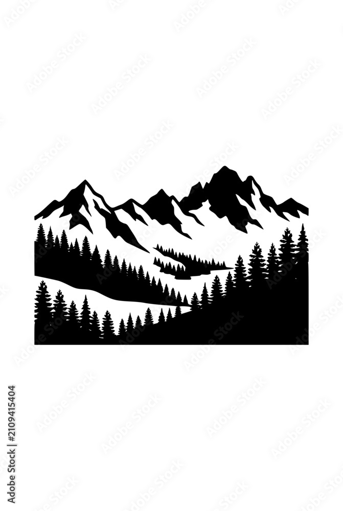 Fototapeta premium Mountain Range and Pine Forest Silhouette Nature Landscape Illustration