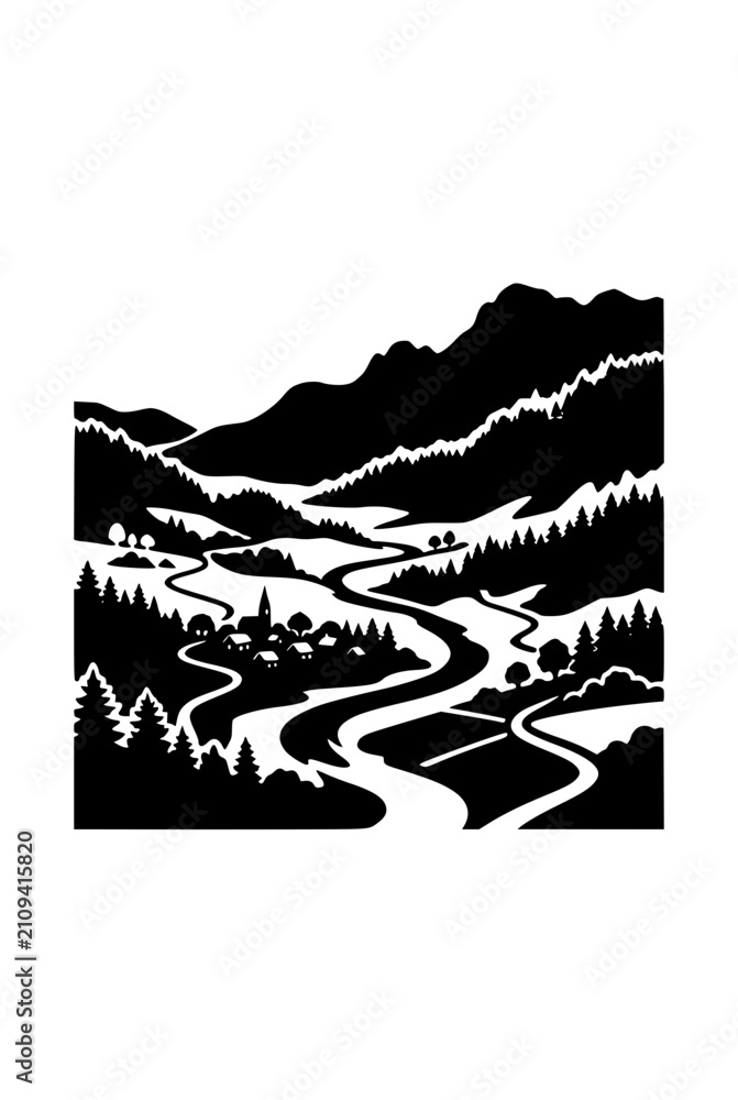 Fototapeta premium Black and white silhouette of a mountain valley landscape with village and river