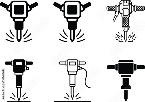 Fotografie Jackhammer Construction Tool Vector Icon Set Representing Pneumatic Drill Concrete Breaking Demolition and Heavy Industry Equipment for Graphic Design