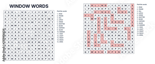 Fotografie Word search puzzle featuring window-related terms in grid format