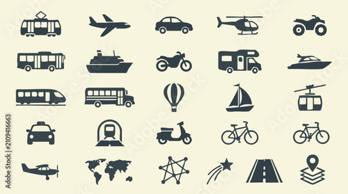 Transportation and Travel Icons Set with Various Vehicles and Symbols