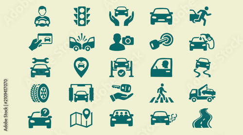 Automotive and Driving Related Icons Set. Car Services, Road Safety, Travel
