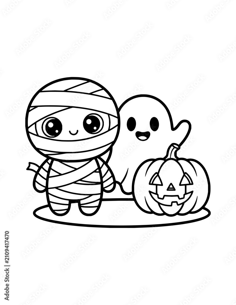 Obraz premium Little Mummy and Ghost Coloring Page for Kids. Simple Halloween Outline Illustration for Children.