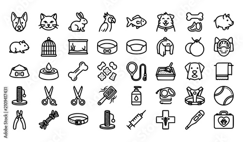 Premium Animal and Pet Care Outline Icon Collection with Veterinary Grooming and Pet Accessories Editable Line Vector
