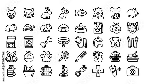 Bild auf Leinwand Pet Care and Veterinary Thin Line Icon Set with Dog Cat Rabbit Parrot Fish Groom