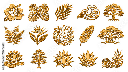 Foto Set of golden embossed botanical featuring hibiscus, monstera leaves, trees, and