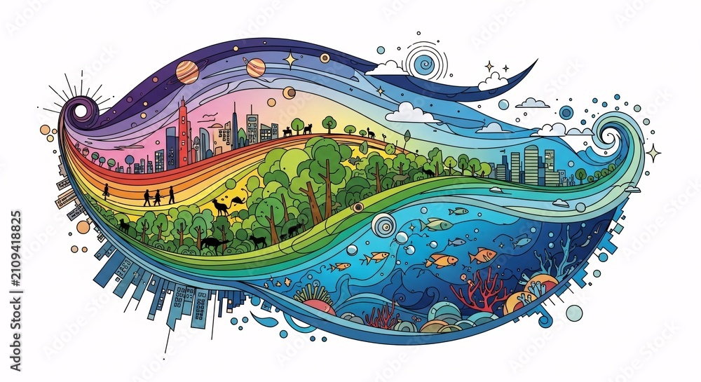 Obraz premium A vibrant, flowing illustration depicting the interconnectedness of urban landscapes, lush forests with wildlife, and diverse marine ecosystems under a sky transitioning from day to night.