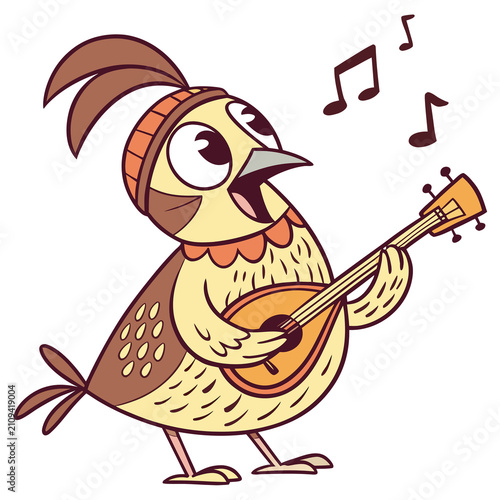 A cartoon quail playing a mandolin.