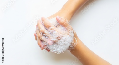 Close-up of hands washing with soap and water, creating foam bubbles.