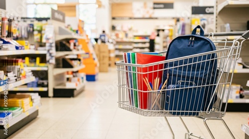 Shopping cart filled with school supplies and backpack in retail supermarket