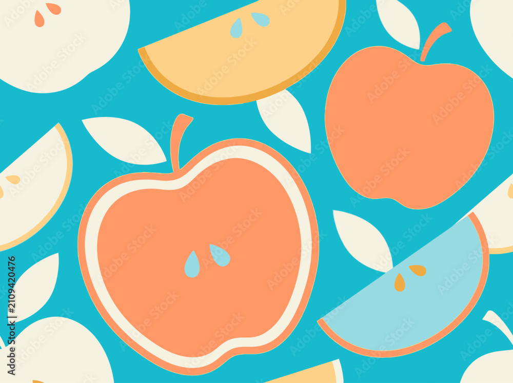 Fototapeta premium Modern Seamless Apple Pattern with Fruit Slices on Teal Background