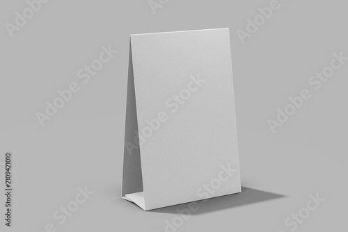 white blank 4x6 inch vertical standing table tent menu with hard shadows studio lighting realistic mockup 3d render