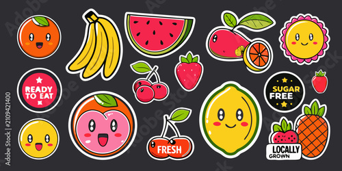 Fruit stickers vector illustration with smiling faces and text labels
