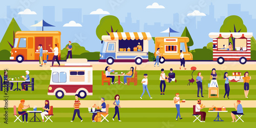 Food trucks and people in a flat vector illustration outdoor setting