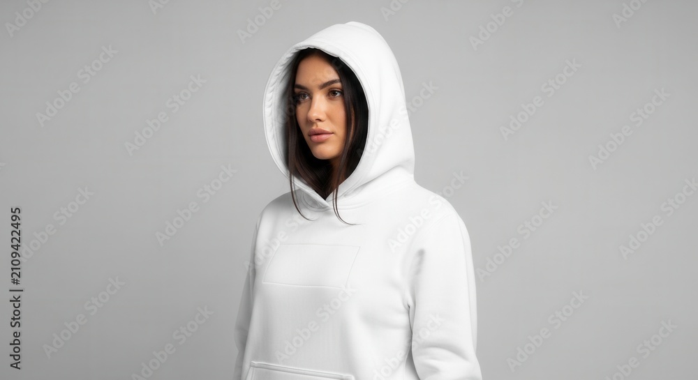 Fototapeta premium Young Woman Wearing a White Hoodie Standing Against a Gray Background.