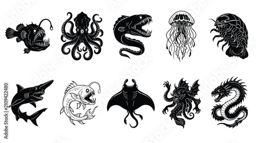 Vászonkép Deep sea monster icons, 10 black and white vector illustrations of predatory fis