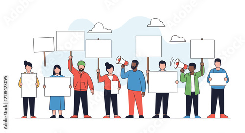 Diverse group of people protesting with megaphones and holding blank signs for customization, vector flat design.