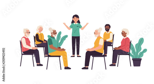Instructor leading chair yoga for senior citizens