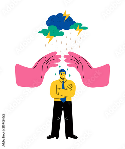 The hands protects the business man from bad influences. Care concept. Flat vector illustration isolated on white background