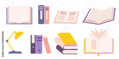 Fotografie Open books and study lamp flat color vector illustration set