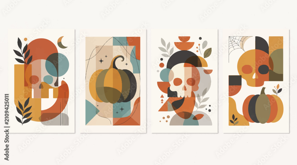 Fototapeta premium Boho Abstract Halloween Posters - Retro Skulls and Pumpkins Vector Set