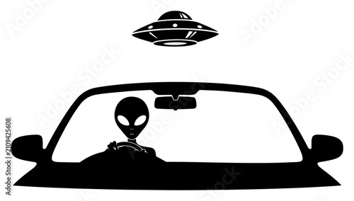 Foto Alien driving convertible car under UFO flying saucer sci-fi extraterrestrial ar