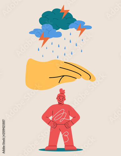 The hand protects the girl from bad influences. Care concept. Colorful vector illustration