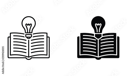 Professional Minimal Vector Icon Open book lightbulb idea icon Editable Stroke, Outline and Solid Style, Black Monochrome, Isolated on White Background