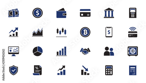 Konstfotografi Comprehensive collection of bicolor vector icons depicting money wallet banking credit card graph analytics bitcoin mobile payment and secure transactions