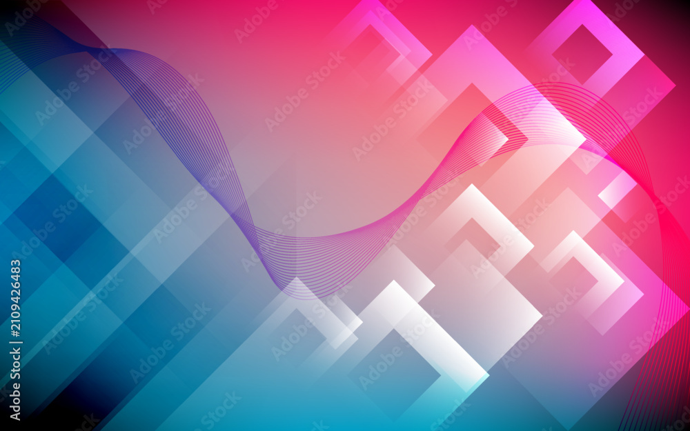Obraz premium Blue and pink gradient background with overlapping geometric squares and flowing lines.