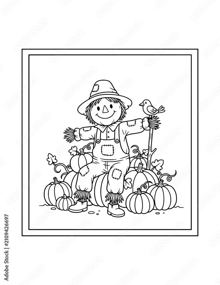 Fototapeta premium Scarecrow in Pumpkin Patch Coloring Page – Printable Black and White Outline Educational Worksheet for Kids