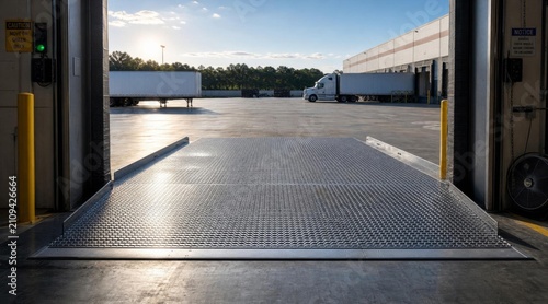 Empty loading dock bay looking out at a distribution center yard with parked semi trailers.