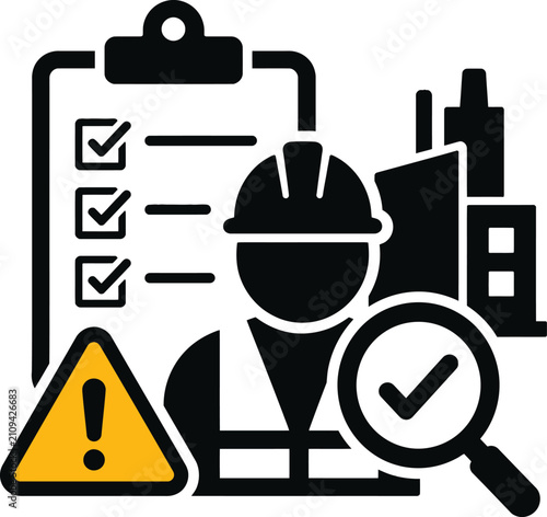 Construction site safety inspection icon with a worker clipboard warning sign and magnifying glass for building compliance