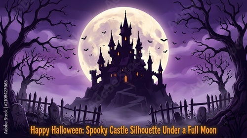 Happy halloween new colorful concept featuring a spooky haunted castle silhouette under a bright full moon