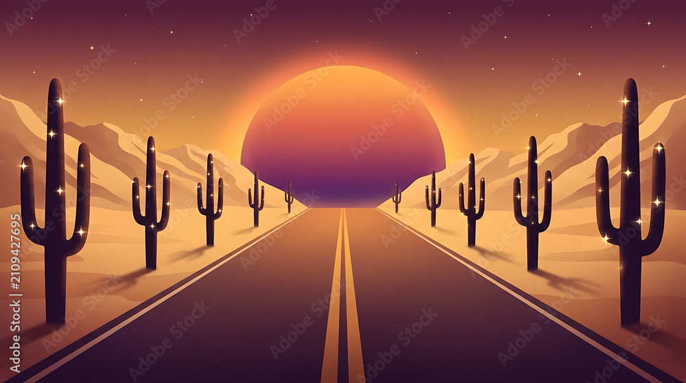 Fototapeta premium Desert highway landscape with cacti and giant setting sun at twilight