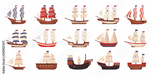 Obraz na płótnie Collection Of Historical Sailing Ships Flat Vector Illustration On White Backgro