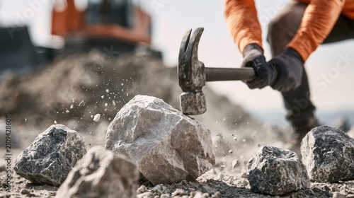 Worker hitting stone with hammer outdoors. Industrial demolition concept.