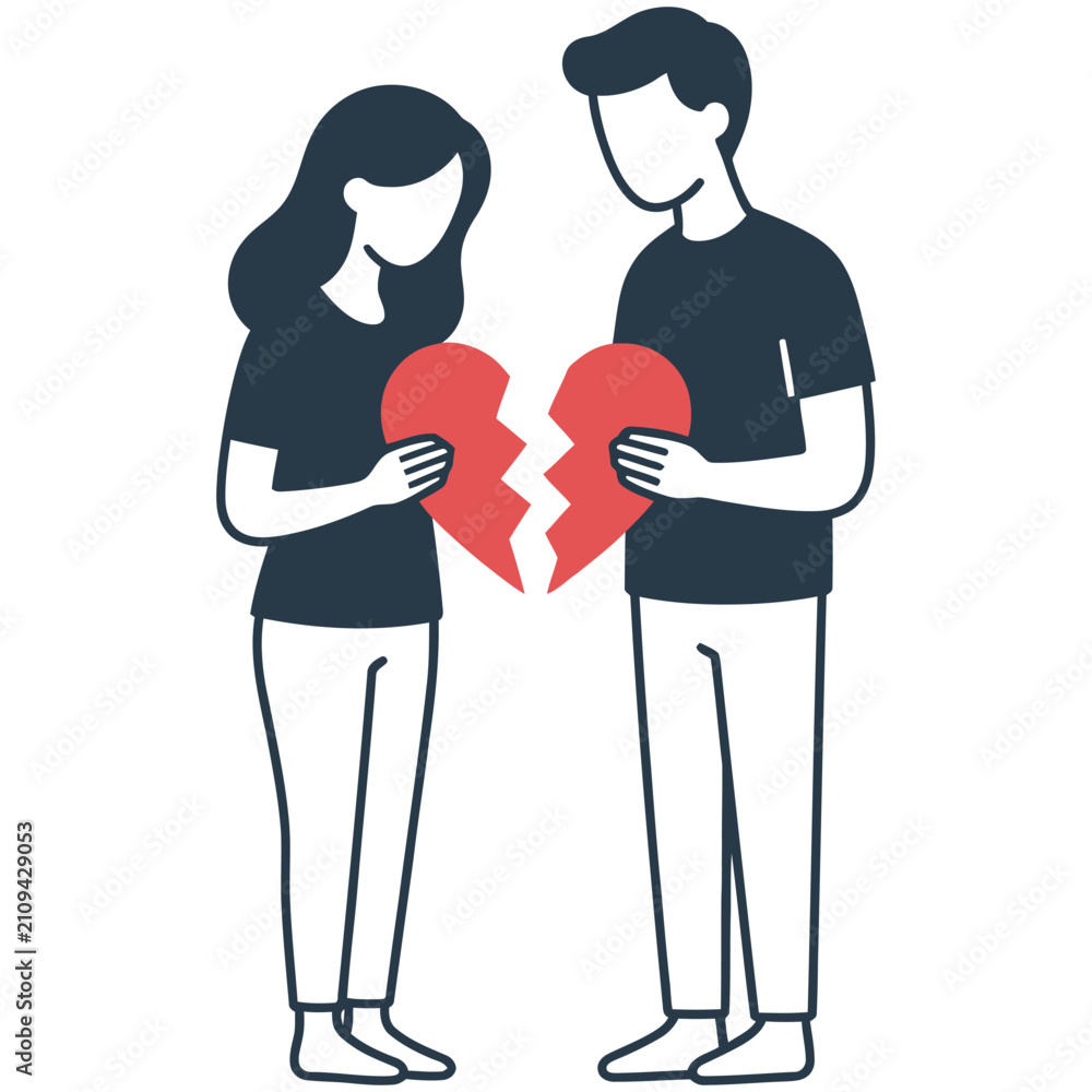 Fototapeta premium Couple holding fragments of a broken red heart symbol with heartbreak, conflict
