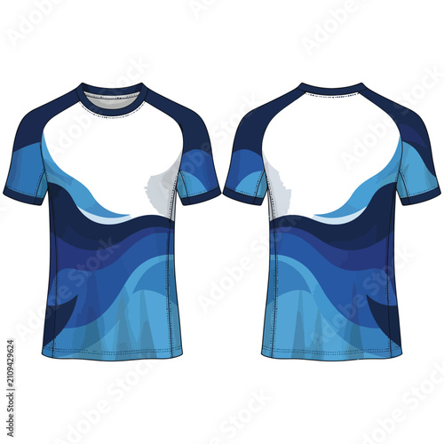 Blue abstract wave pattern sports jersey front and back mockup with sportswear