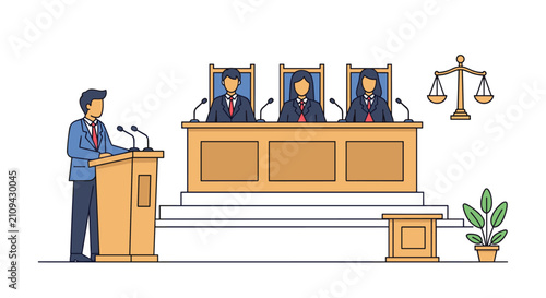 Professional attorney speaking at a podium in a courthouse before three judges and scales of justice, representing law.