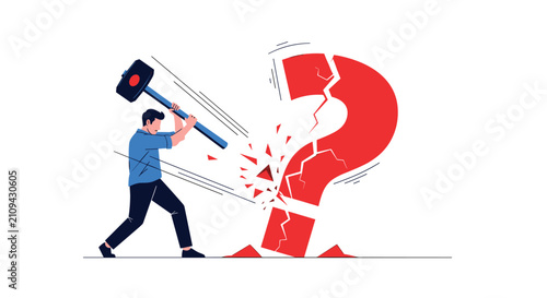 Determined young man using a giant heavy hammer to smash and break a large cracked red question mark symbol.