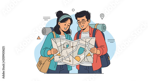 Young hiking couple holding and examining a paper map together to find their way during their travel adventure.